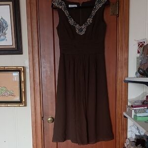 Kay Unger Brown Silk ChiffonMidi Dress with Beaded Detail